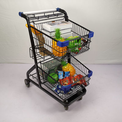 ซื้อ รถเข็นตะกร้าช้อปปิ้งเคลือบผงสีดำรถเข็นร้านขายของชำสองชั้น online manufacture